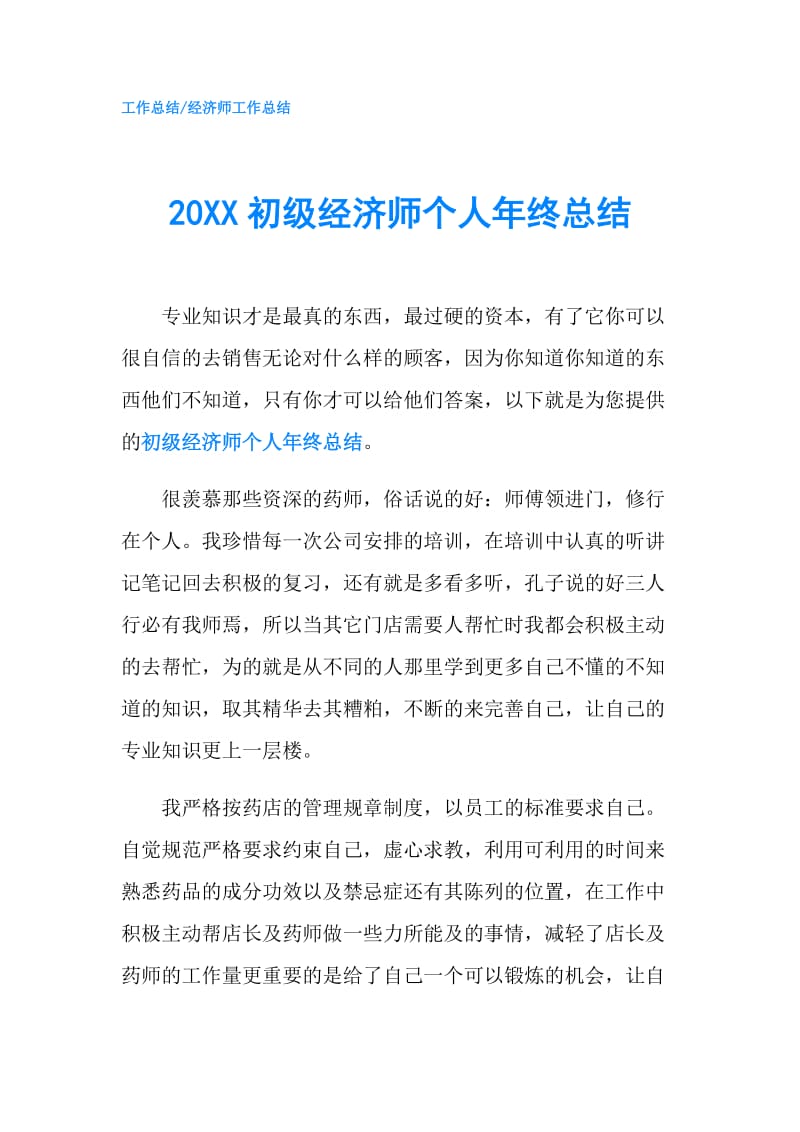 20XX初级经济师个人年终总结.doc_第1页