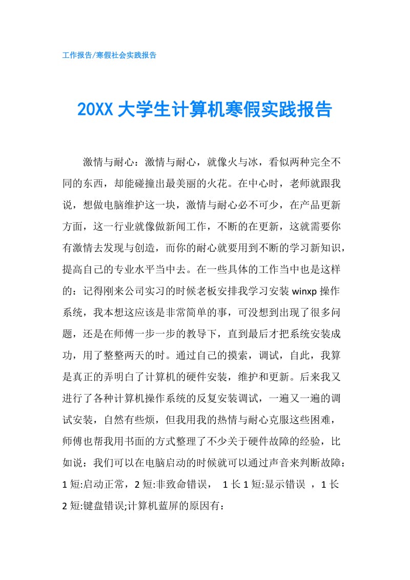 20XX大学生计算机寒假实践报告.doc_第1页