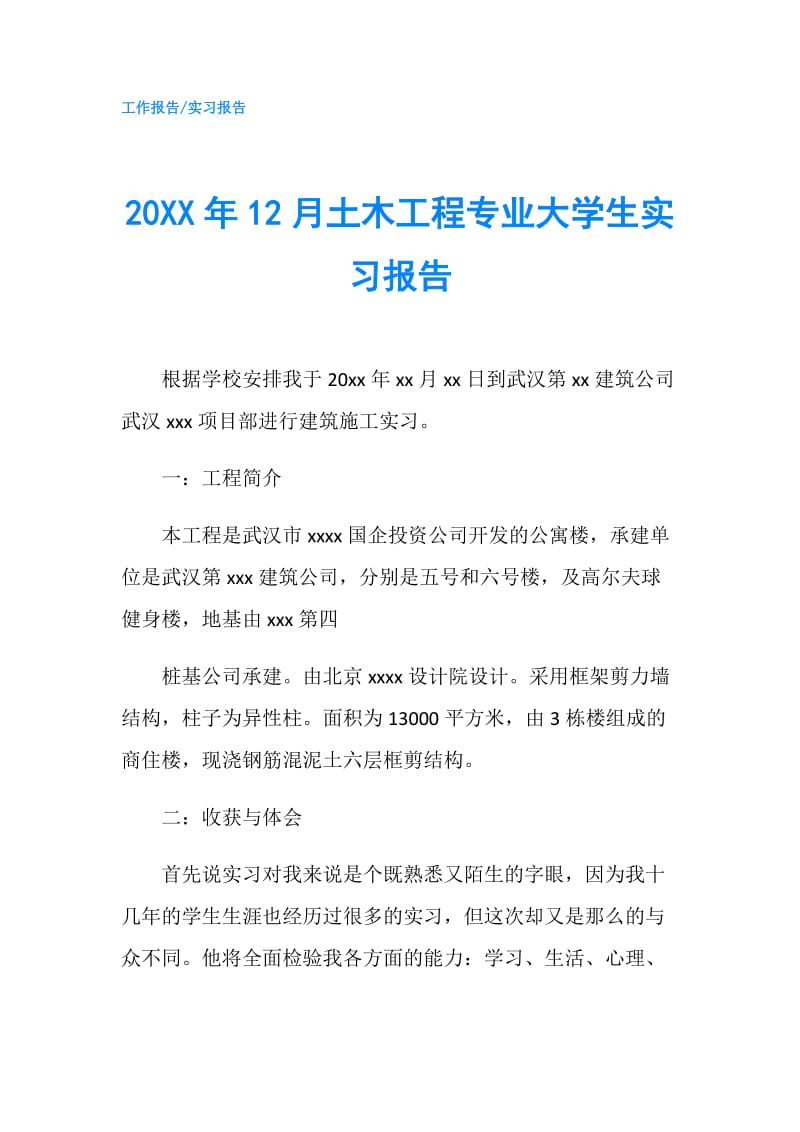 20XX年12月土木工程专业大学生实习报告.doc_第1页