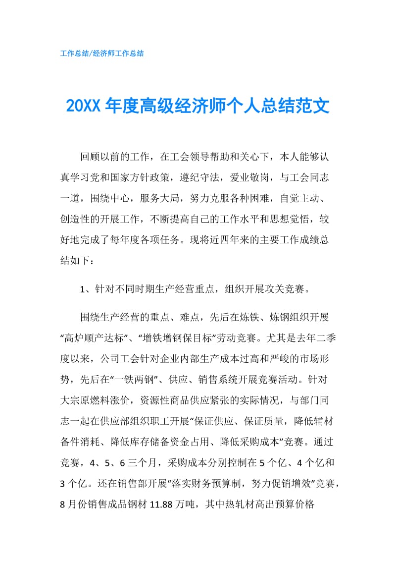 20XX年度高级经济师个人总结范文.doc_第1页