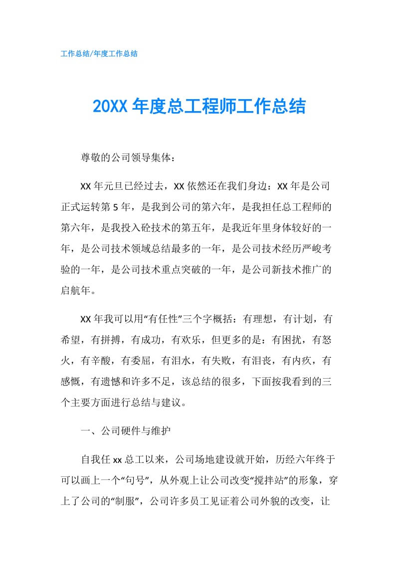 20XX年度总工程师工作总结.doc_第1页