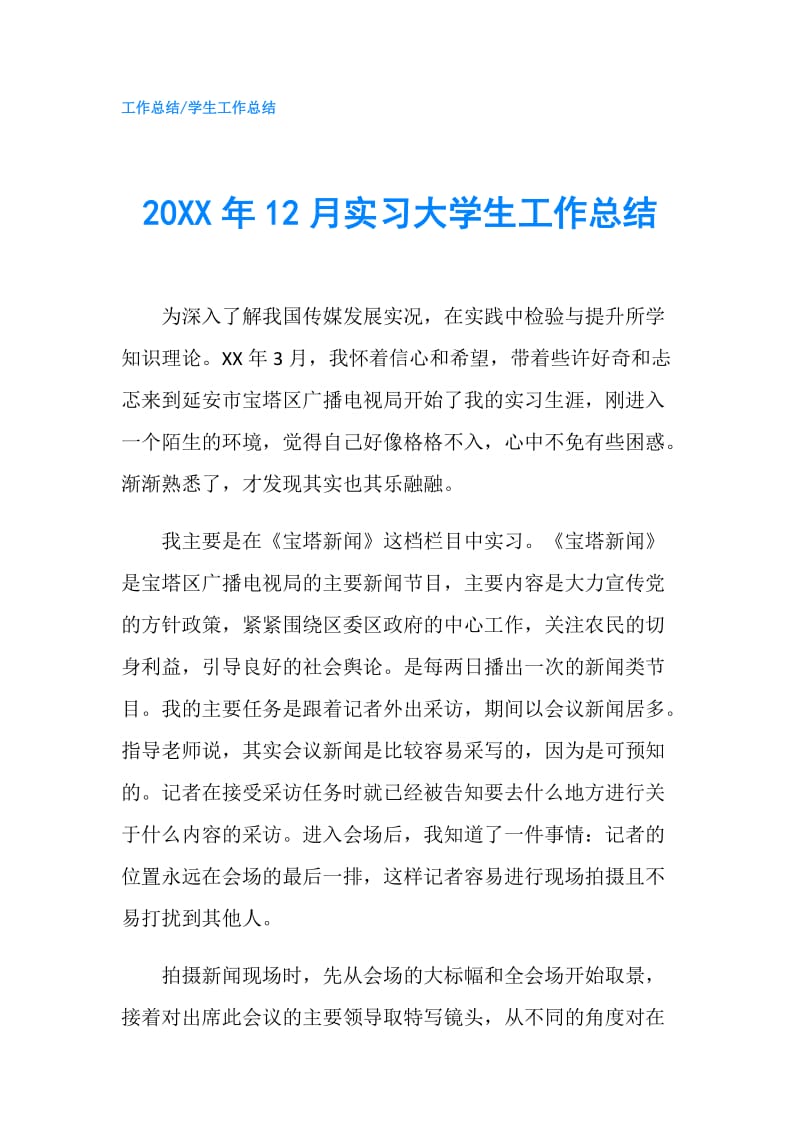 20XX年12月实习大学生工作总结.doc_第1页