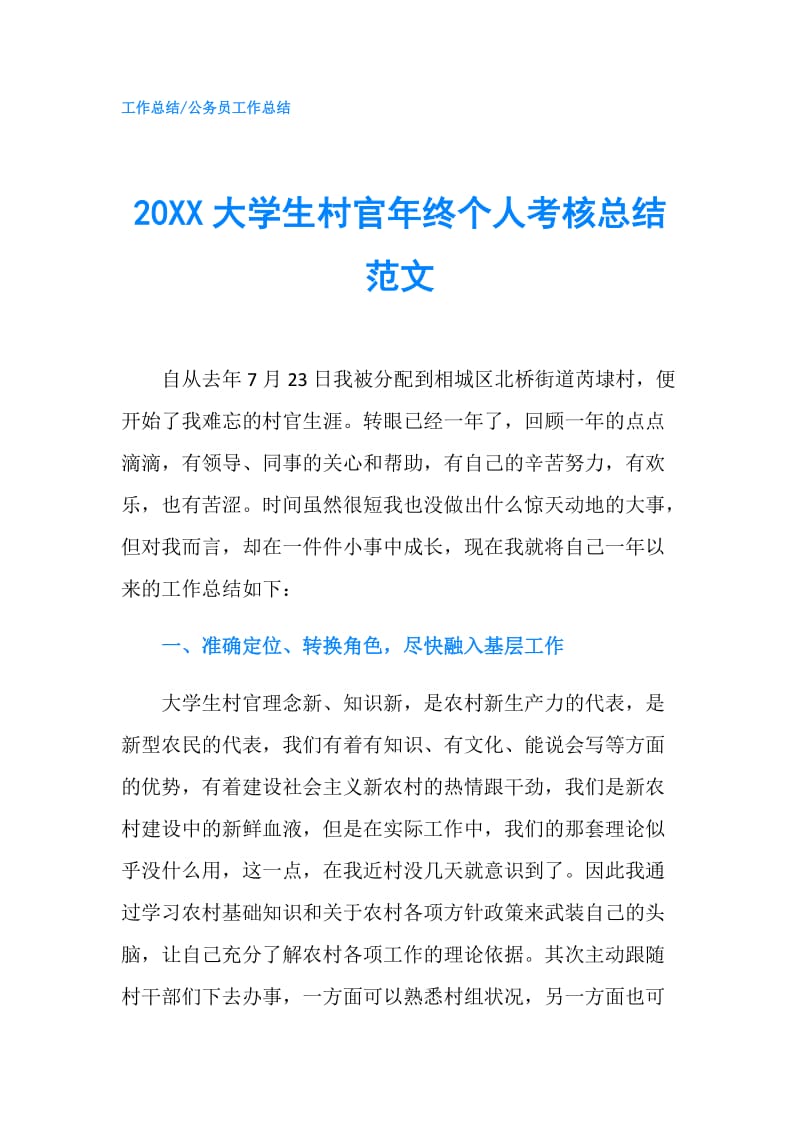 20XX大学生村官年终个人考核总结范文.doc_第1页