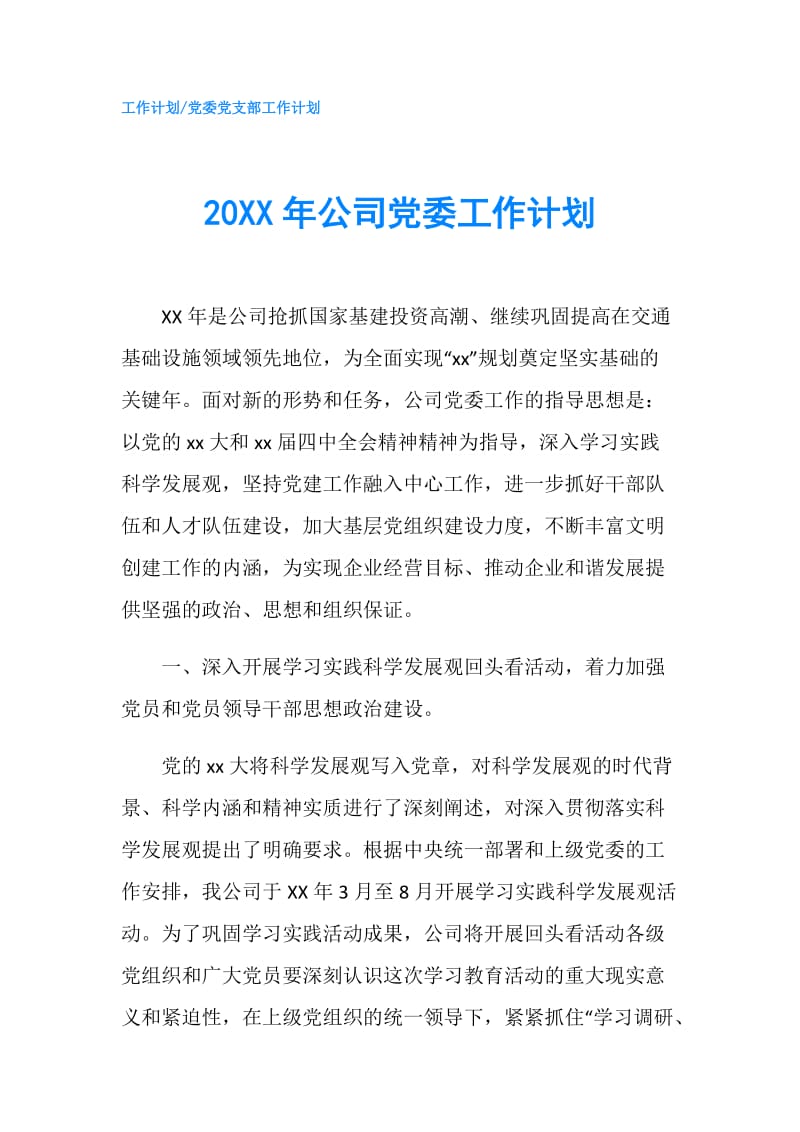 20XX年公司党委工作计划.doc_第1页