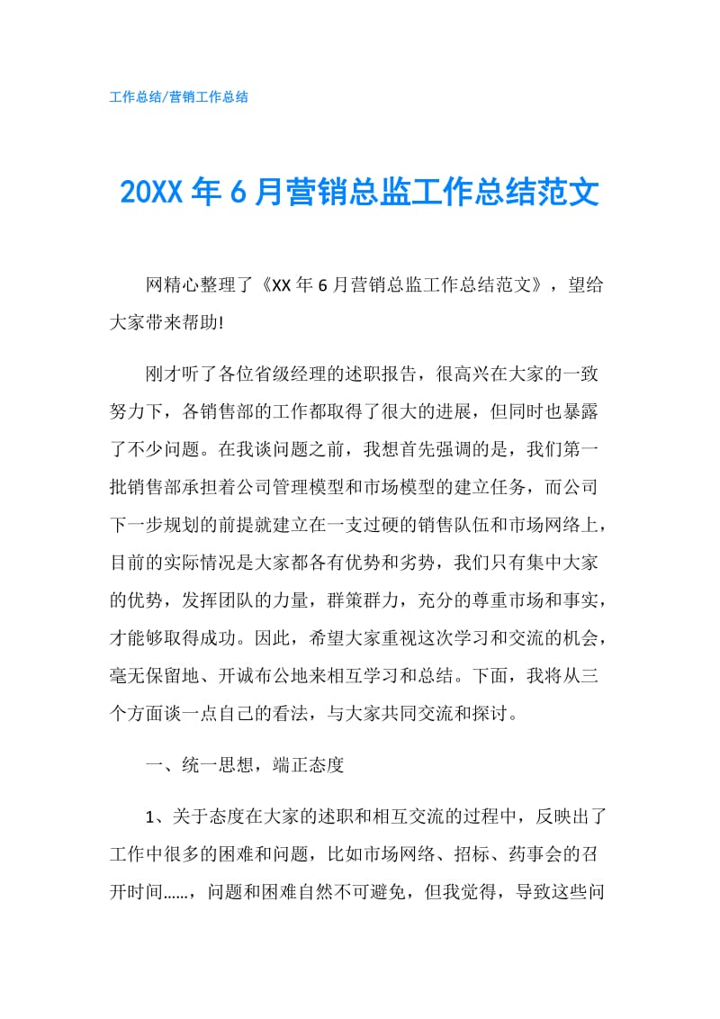 20XX年6月营销总监工作总结范文.doc_第1页