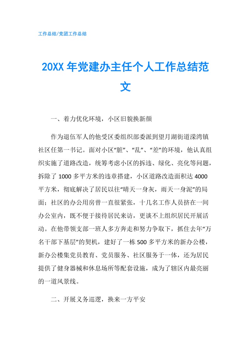 20XX年党建办主任个人工作总结范文.doc_第1页