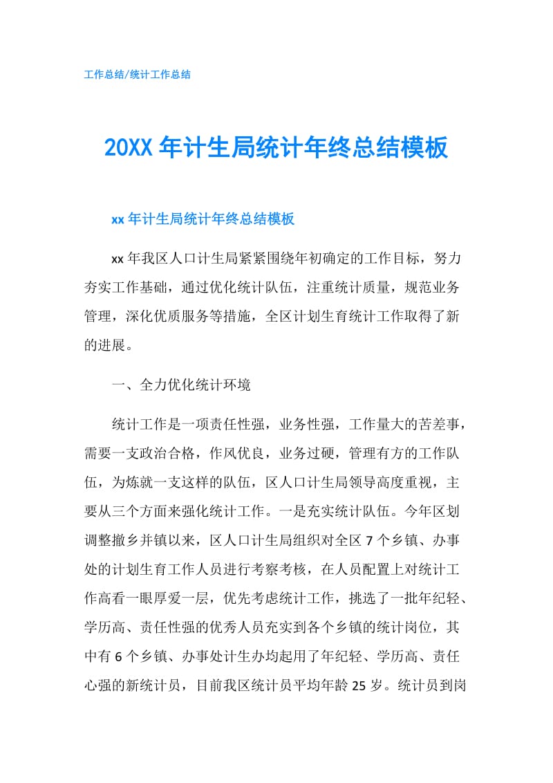 20XX年计生局统计年终总结模板.doc_第1页