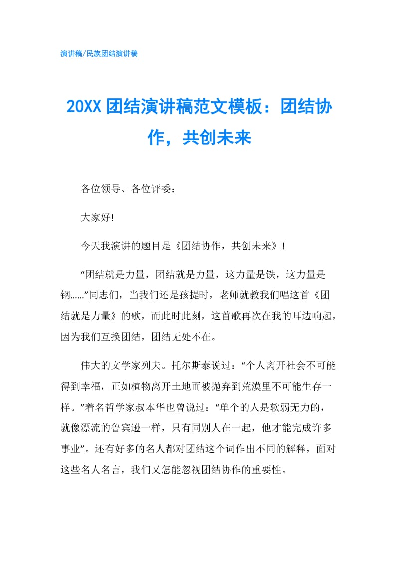 20XX团结演讲稿范文模板：团结协作共创未来.doc_第1页