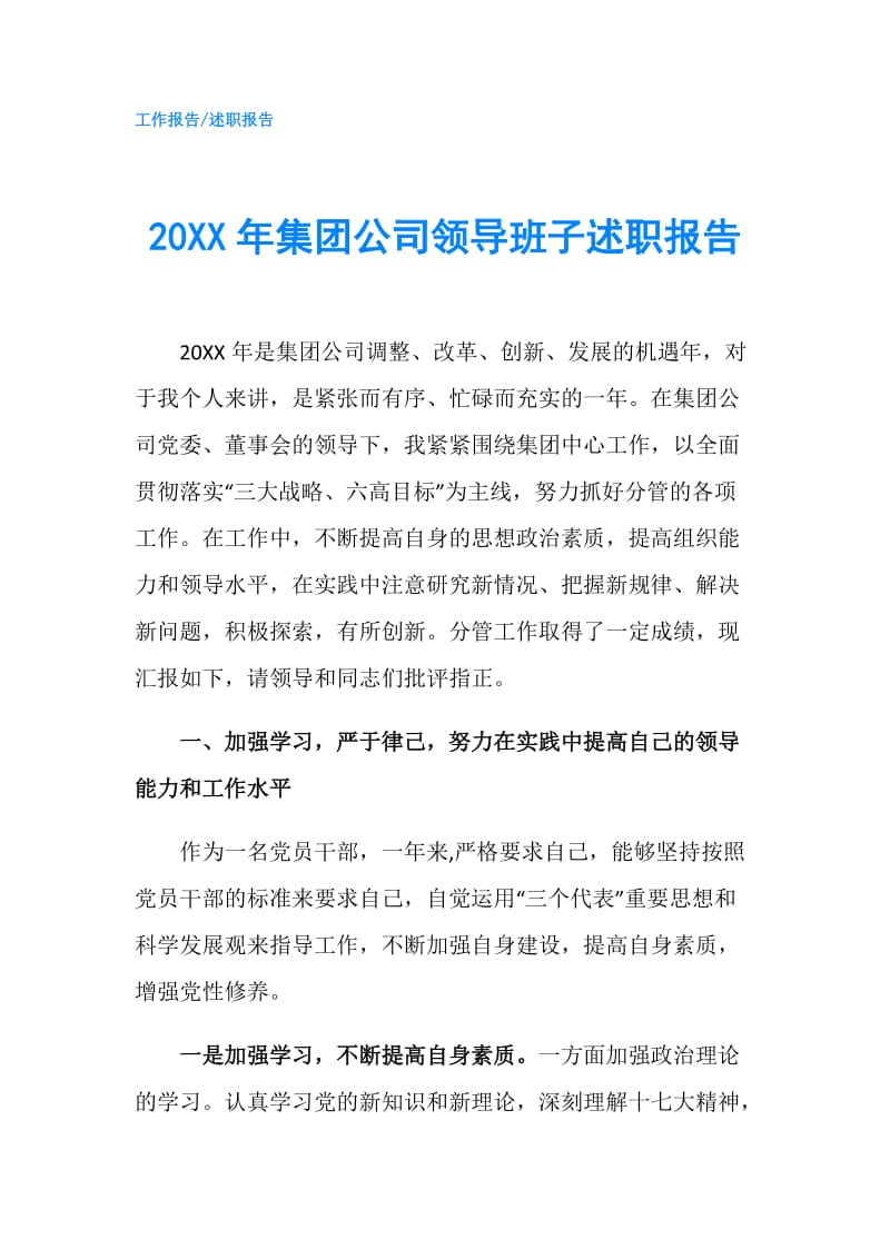 20XX年集团公司领导班子述职报告.doc_第1页