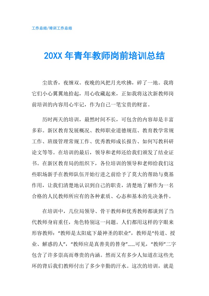 20XX年青年教师岗前培训总结.doc_第1页