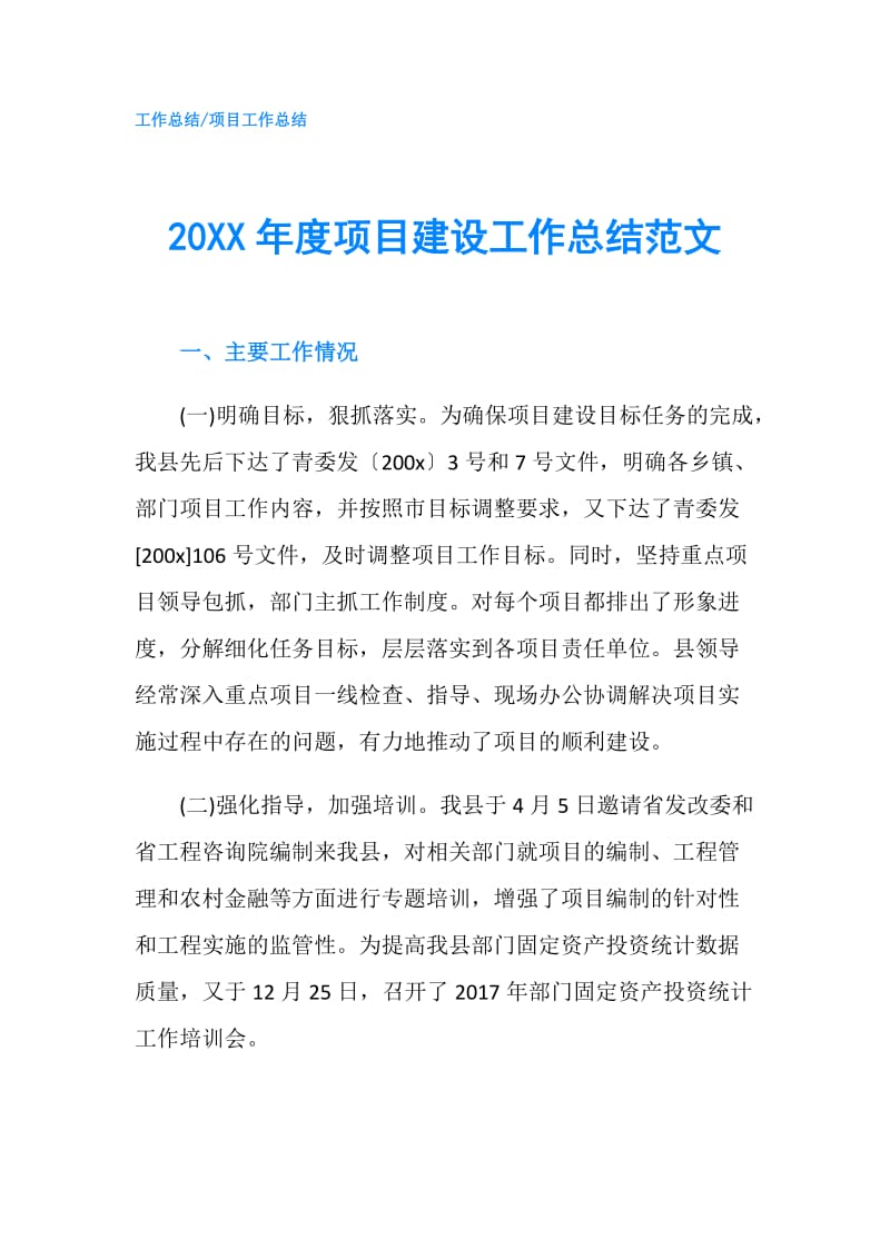 20XX年度项目建设工作总结范文.doc_第1页