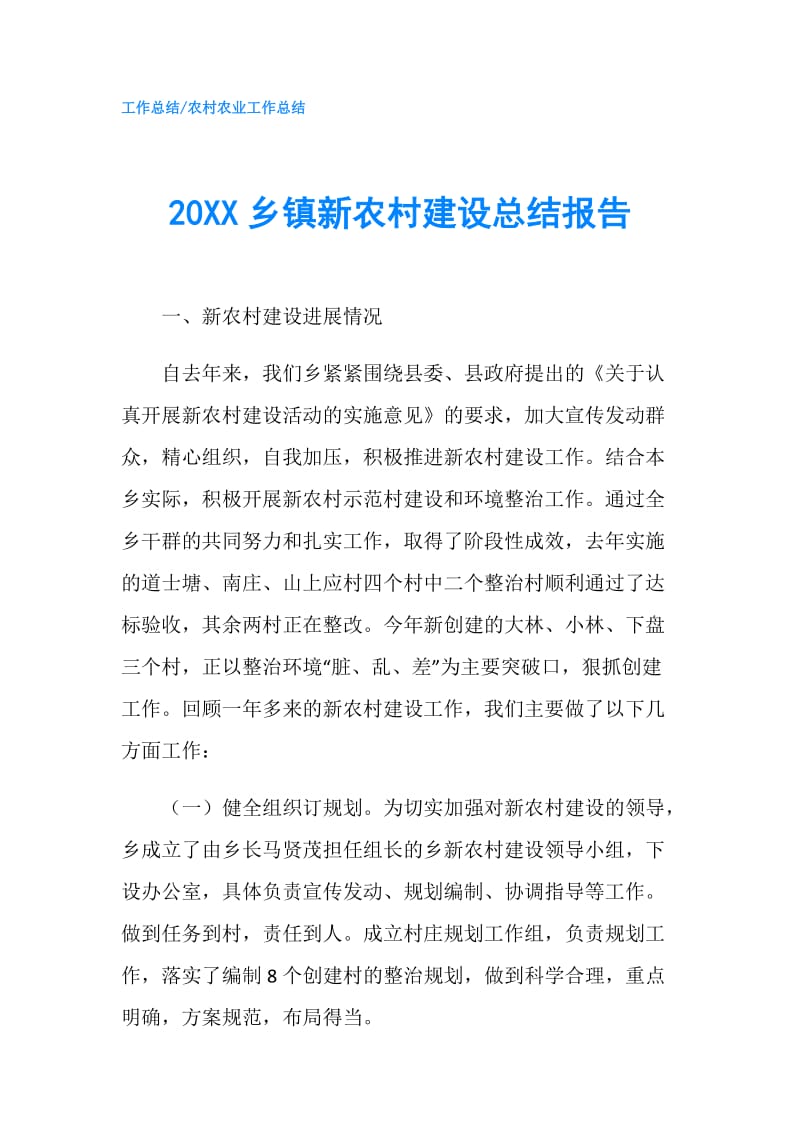 20XX乡镇新农村建设总结报告.doc_第1页