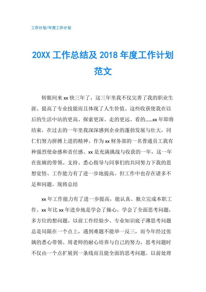 20XX工作总结及2018年度工作计划范文.doc_第1页