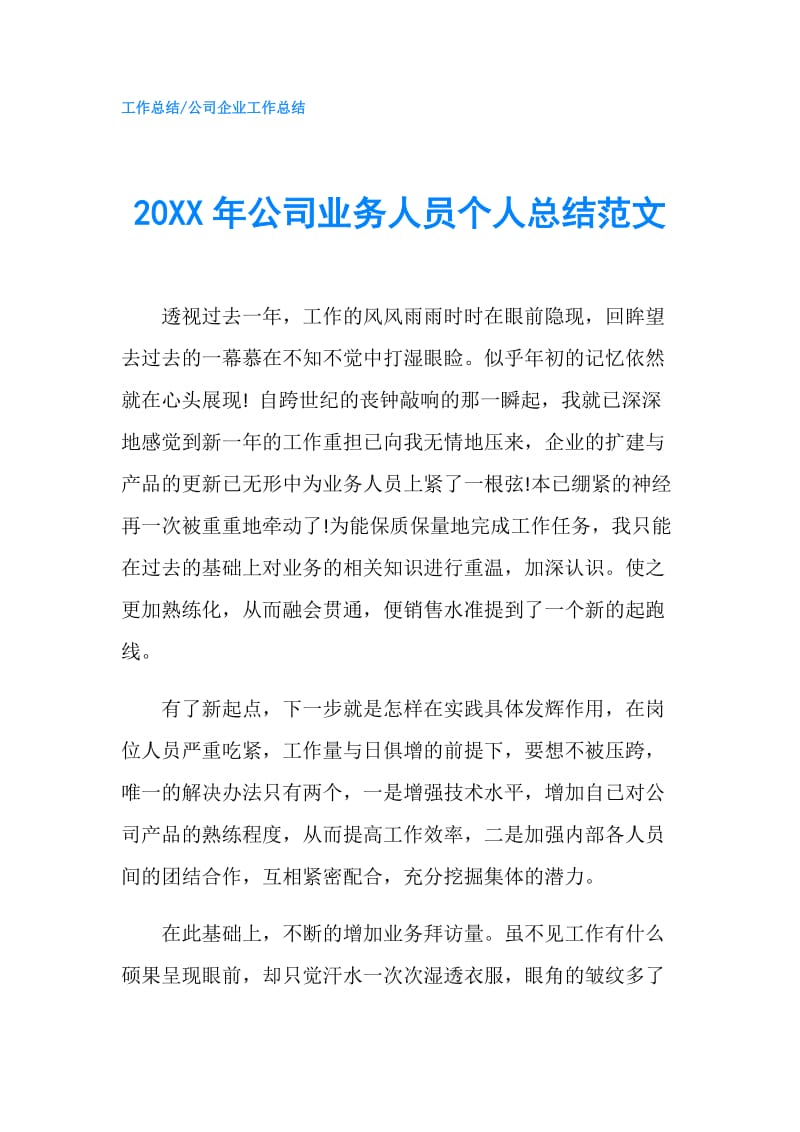 20XX年公司业务人员个人总结范文.doc_第1页