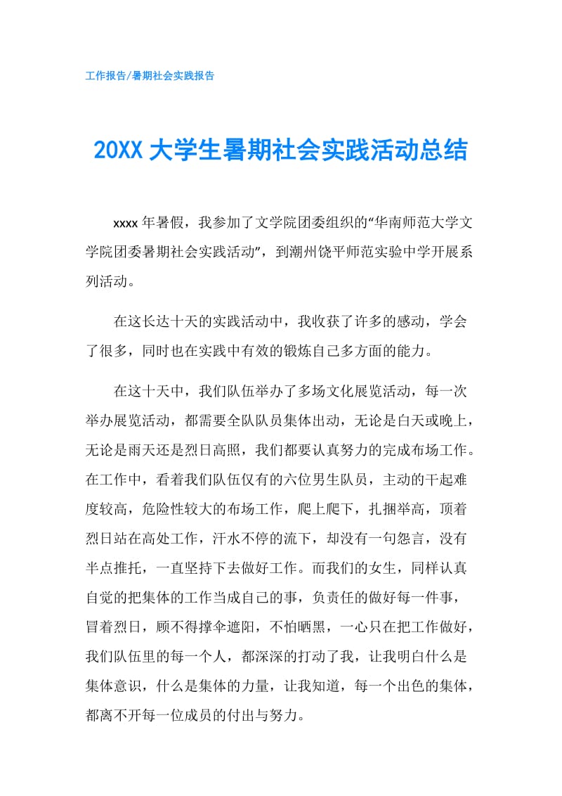 20XX大学生暑期社会实践活动总结.doc_第1页