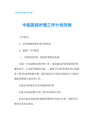 中醫(yī)醫(yī)院護理工作計劃范例.doc