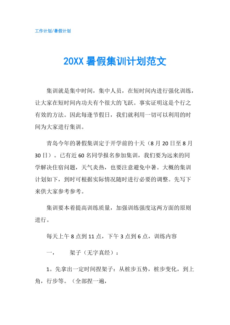 20XX暑假集训计划范文.doc_第1页