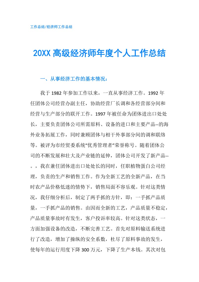 20XX高级经济师年度个人工作总结.doc_第1页