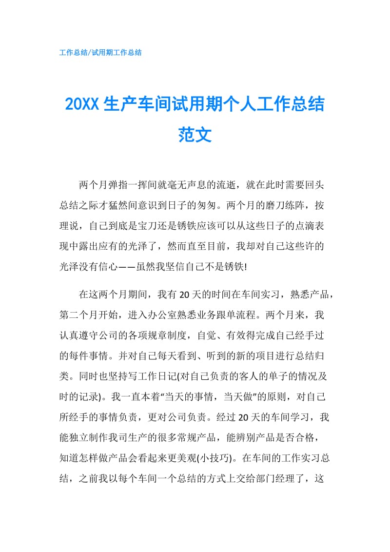 20XX生产车间试用期个人工作总结范文.doc_第1页