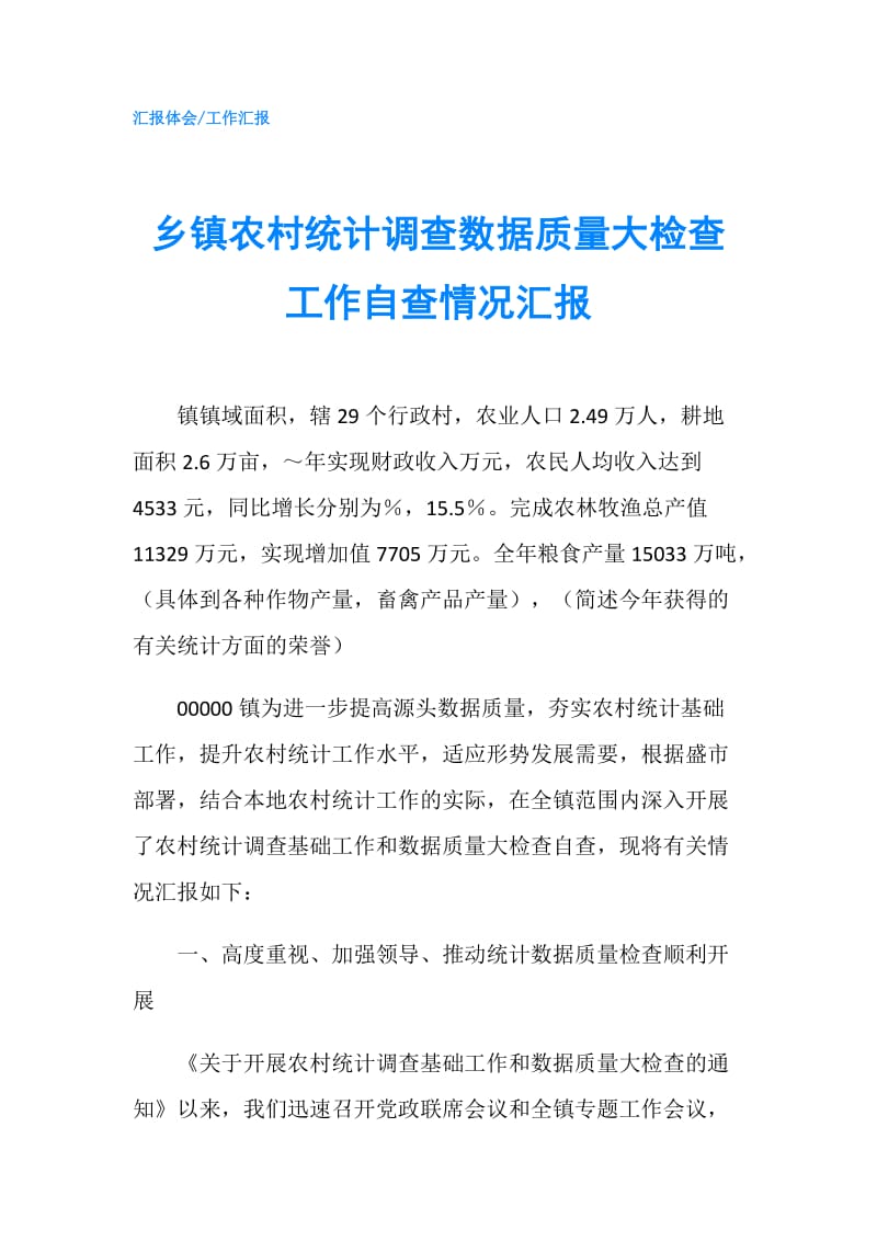 乡镇农村统计调查数据质量大检查工作自查情况汇报.doc_第1页