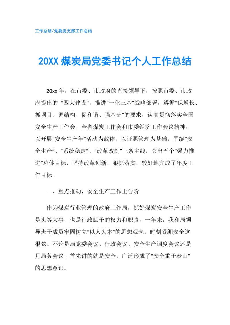 20XX煤炭局党委书记个人工作总结.doc_第1页