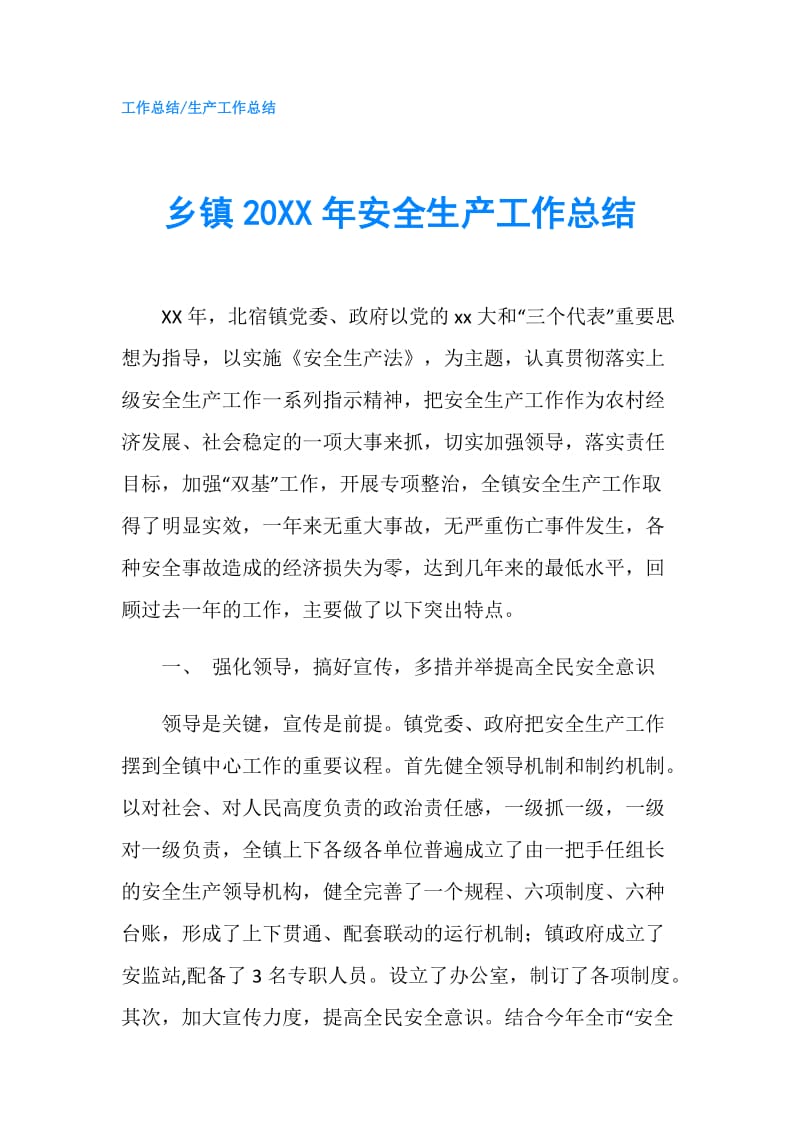 乡镇20XX年安全生产工作总结.doc_第1页