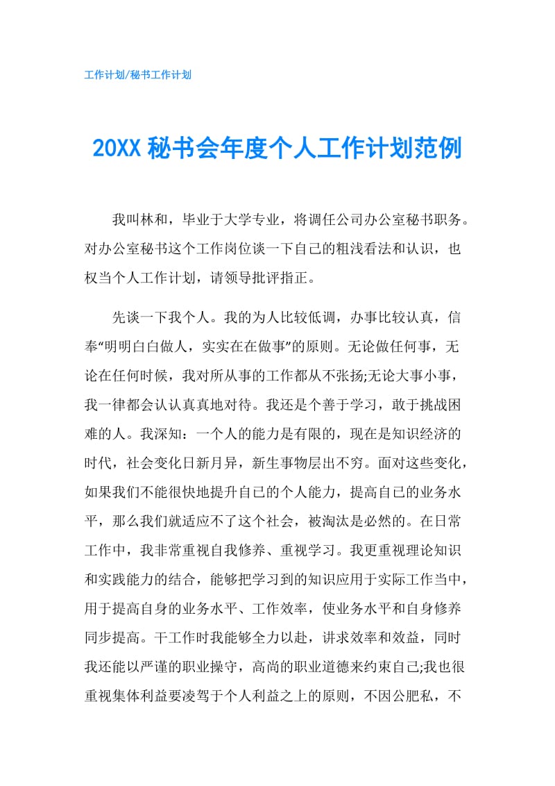 20XX秘书会年度个人工作计划范例.doc_第1页