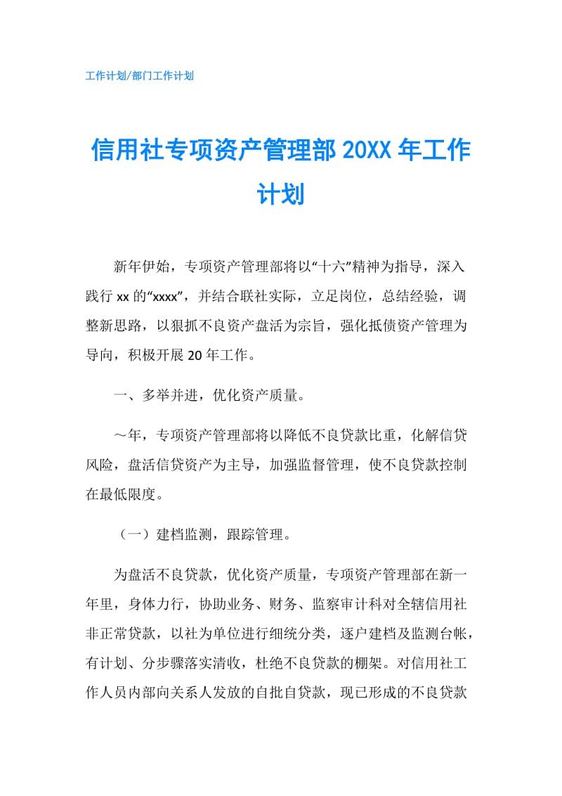 信用社专项资产管理部20XX年工作计划.doc_第1页