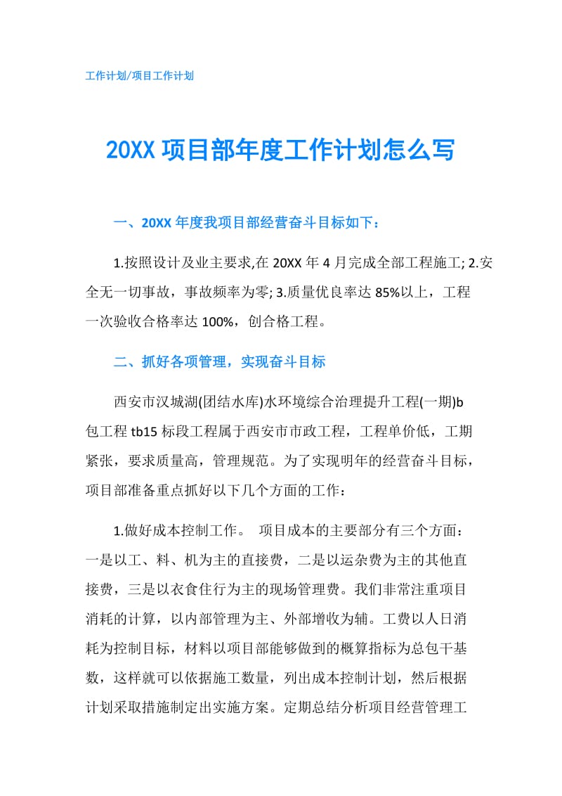 20XX项目部年度工作计划怎么写.doc_第1页