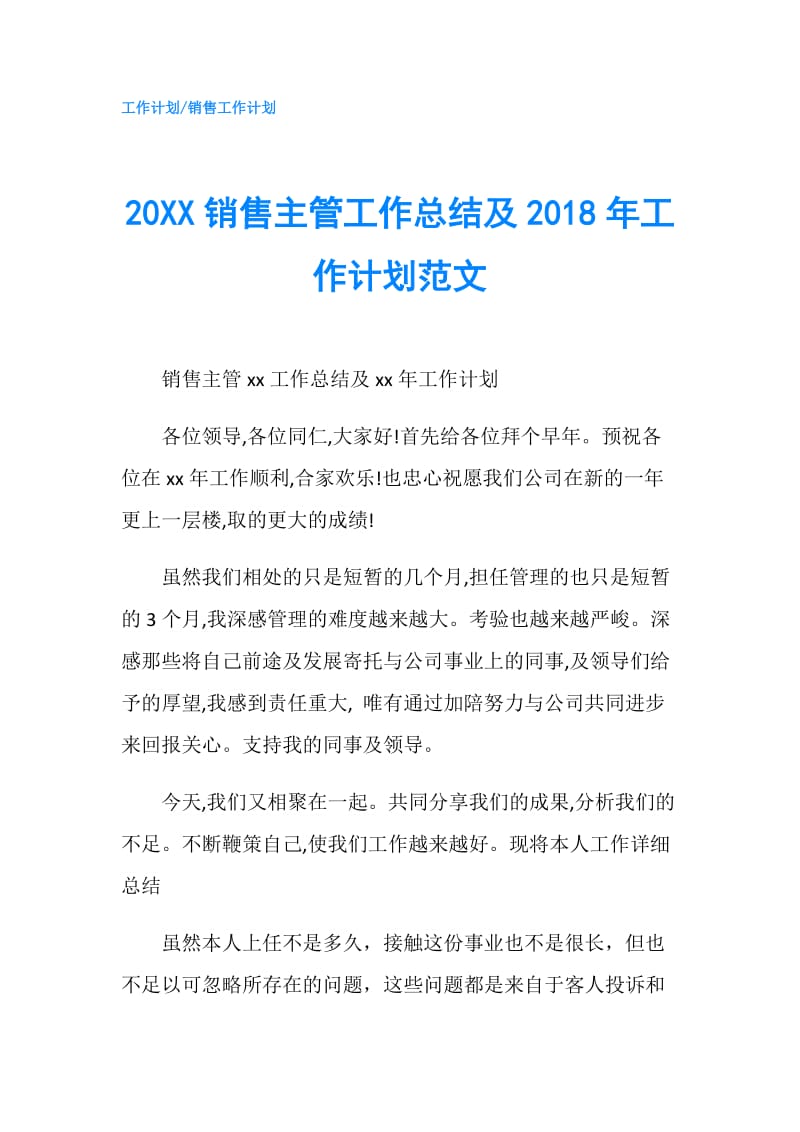 20XX销售主管工作总结及2018年工作计划范文.doc_第1页