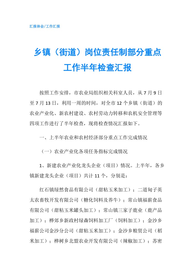 乡镇（街道）岗位责任制部分重点工作半年检查汇报.doc_第1页