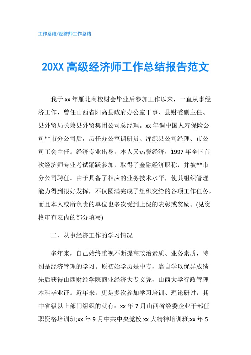 20XX高级经济师工作总结报告范文.doc_第1页