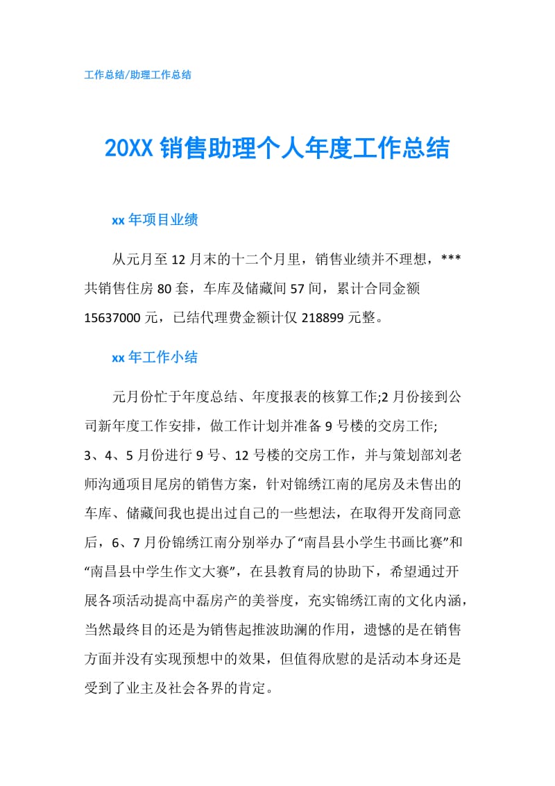 20XX销售助理个人年度工作总结.doc_第1页