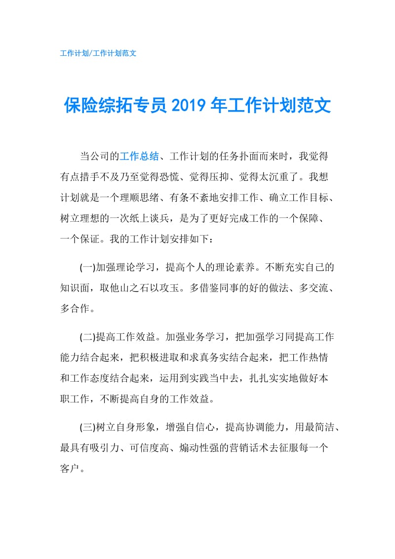 保险综拓专员2019年工作计划范文.doc_第1页