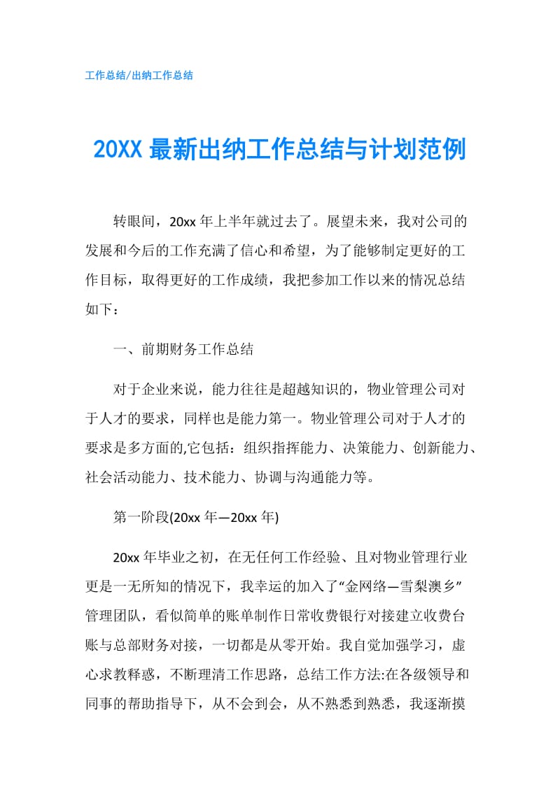 20XX最新出纳工作总结与计划范例.doc_第1页