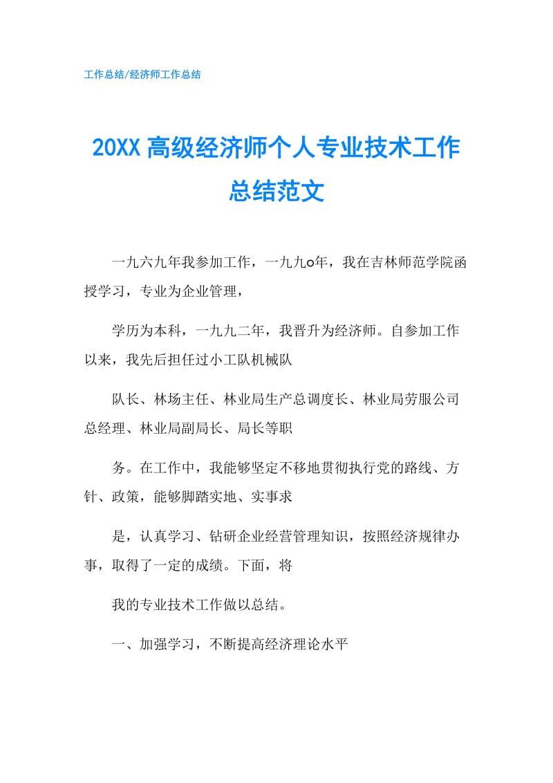 20XX高级经济师个人专业技术工作总结范文.doc_第1页