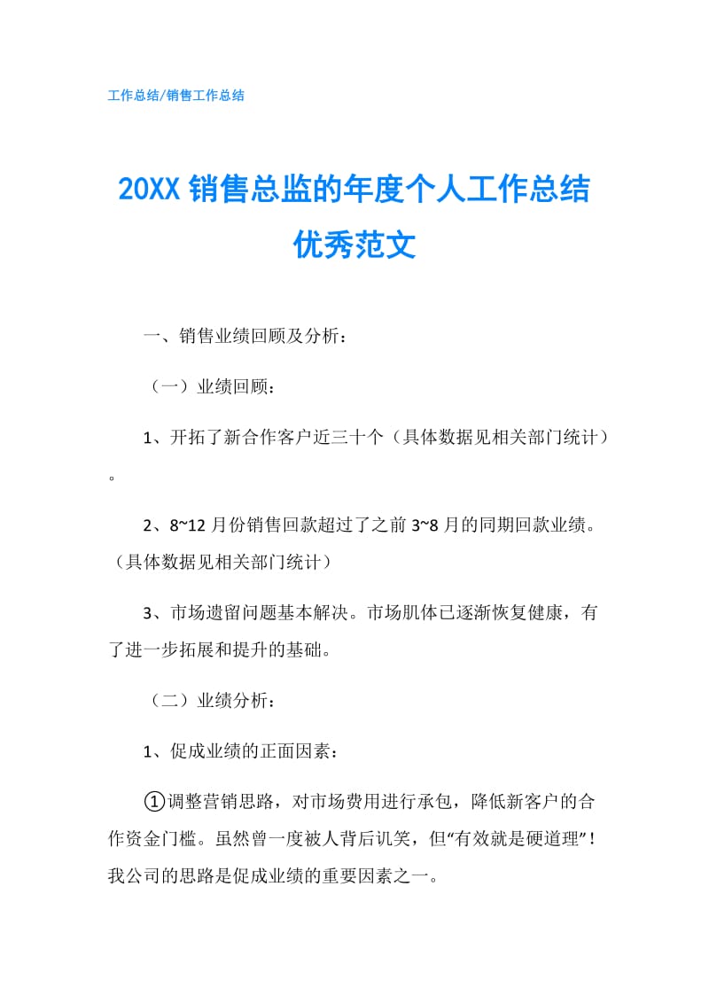 20XX销售总监的年度个人工作总结优秀范文.doc_第1页