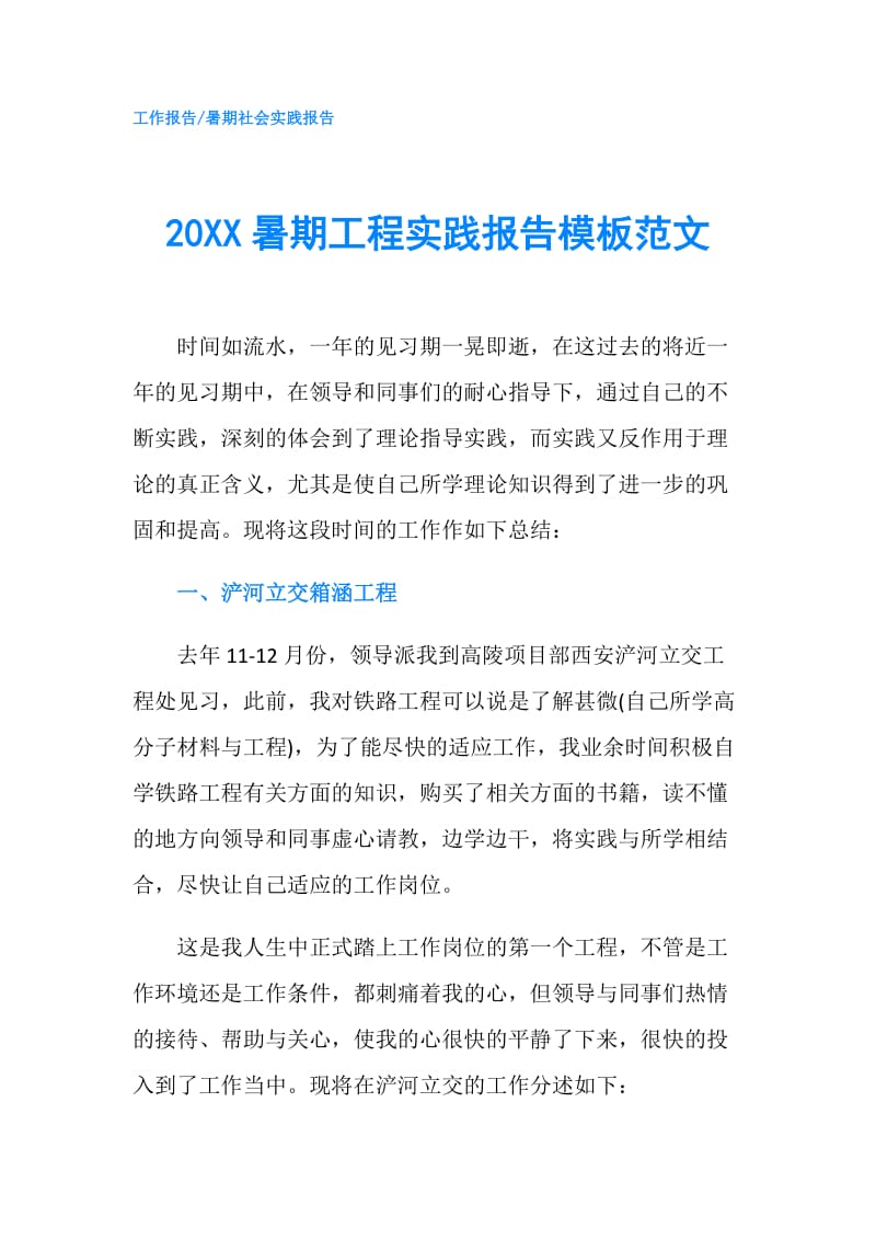 20XX暑期工程实践报告模板范文.doc_第1页