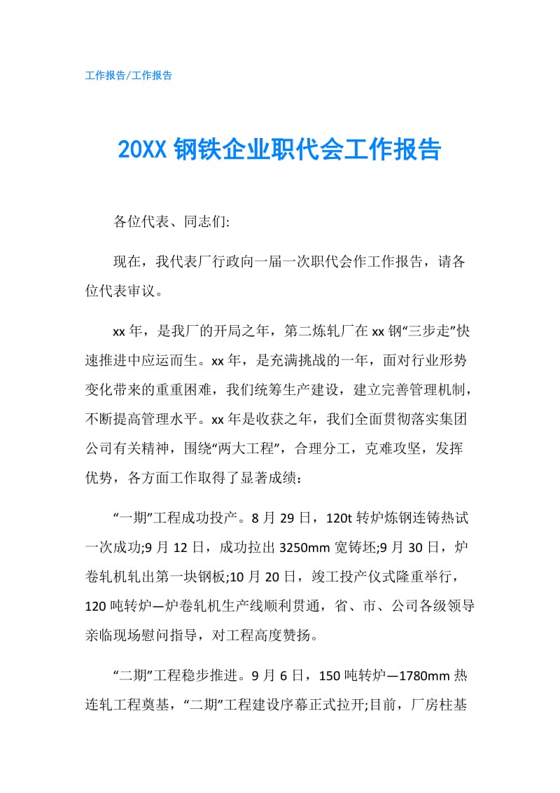 20XX钢铁企业职代会工作报告.doc_第1页