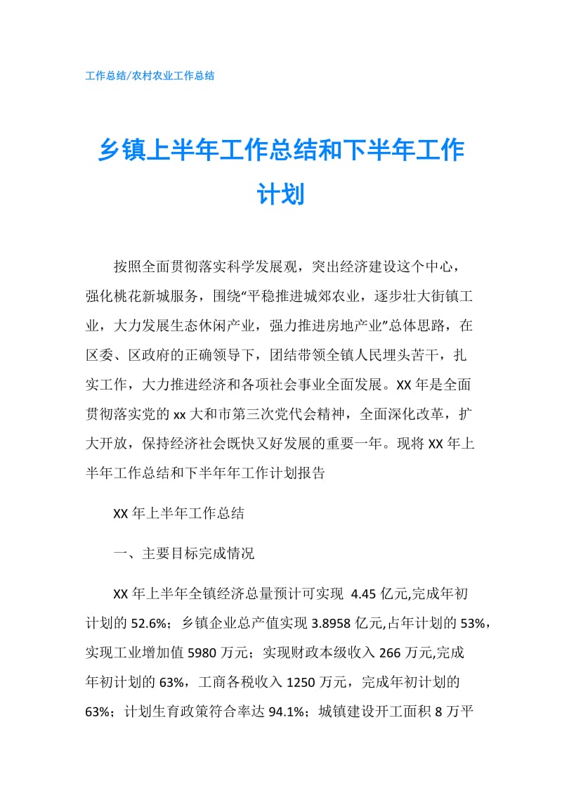 乡镇上半年工作总结和下半年工作计划.doc_第1页