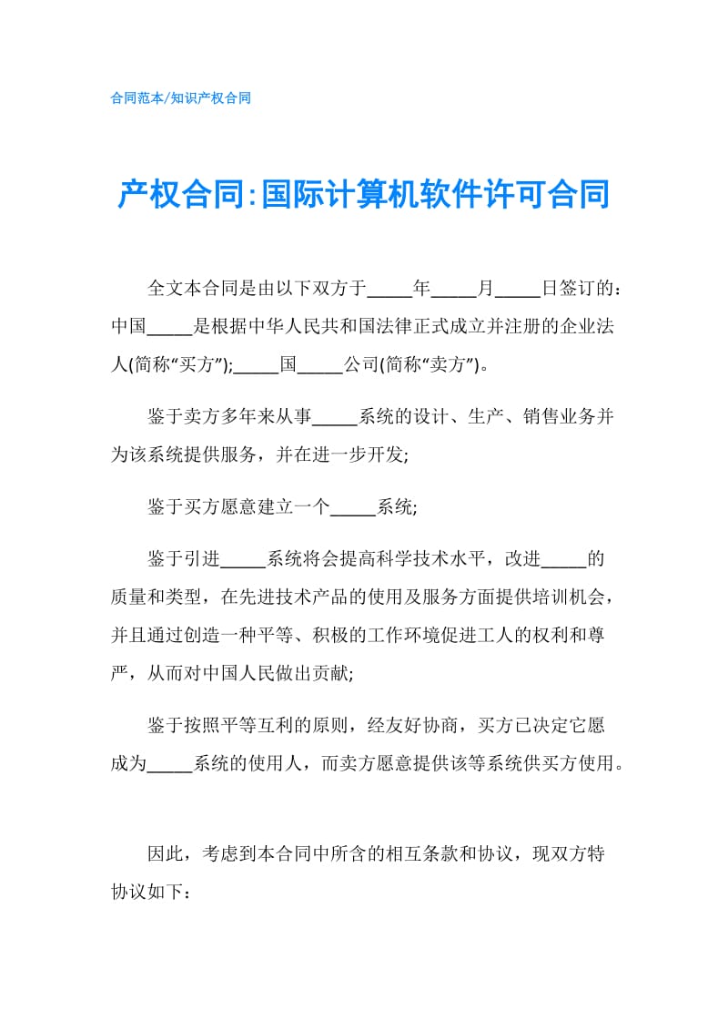 产权合同-国际计算机软件许可合同.doc_第1页