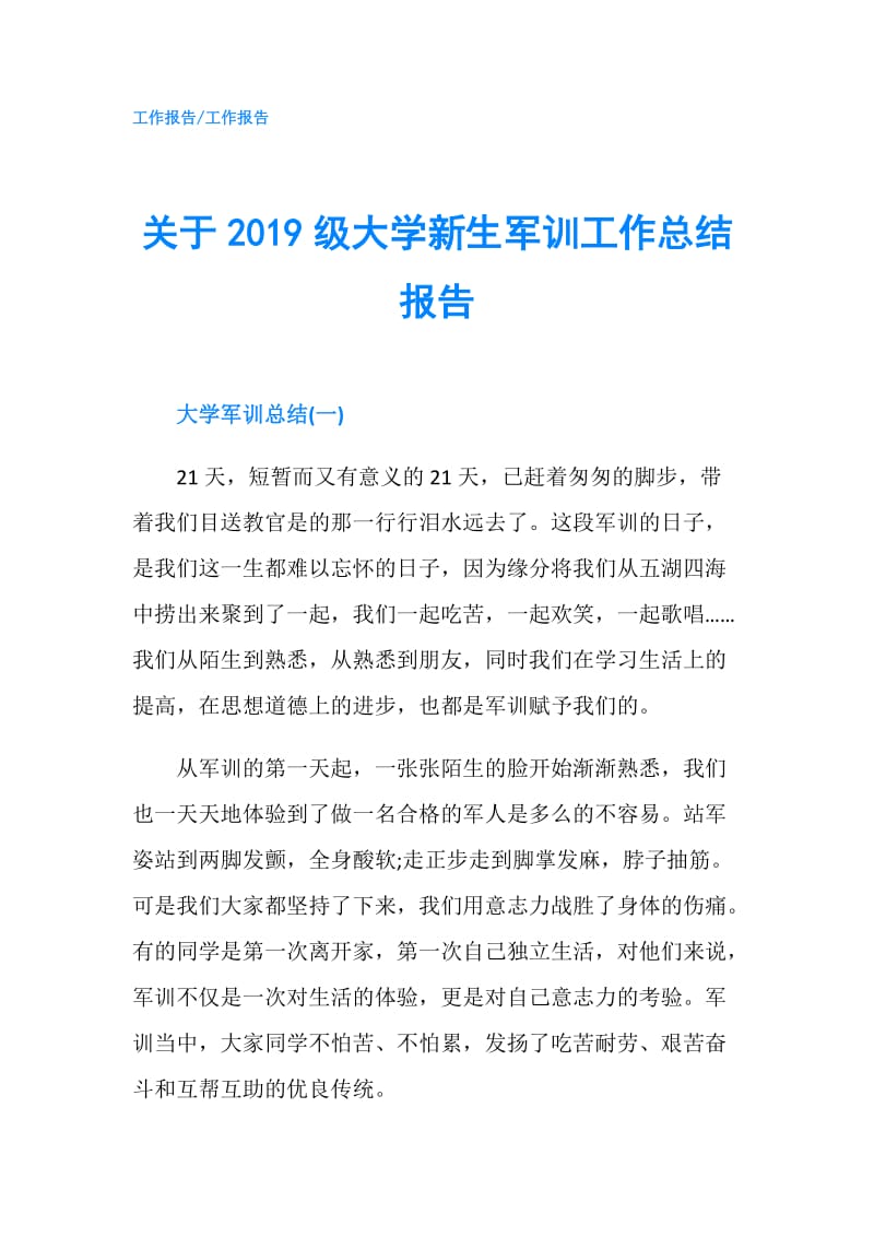 关于2019级大学新生军训工作总结报告.doc_第1页