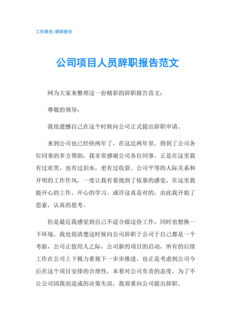 公司项目人员辞职报告范文.doc_第1页