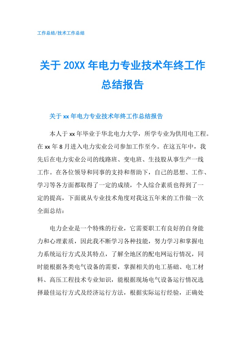 关于20XX年电力专业技术年终工作总结报告.doc_第1页