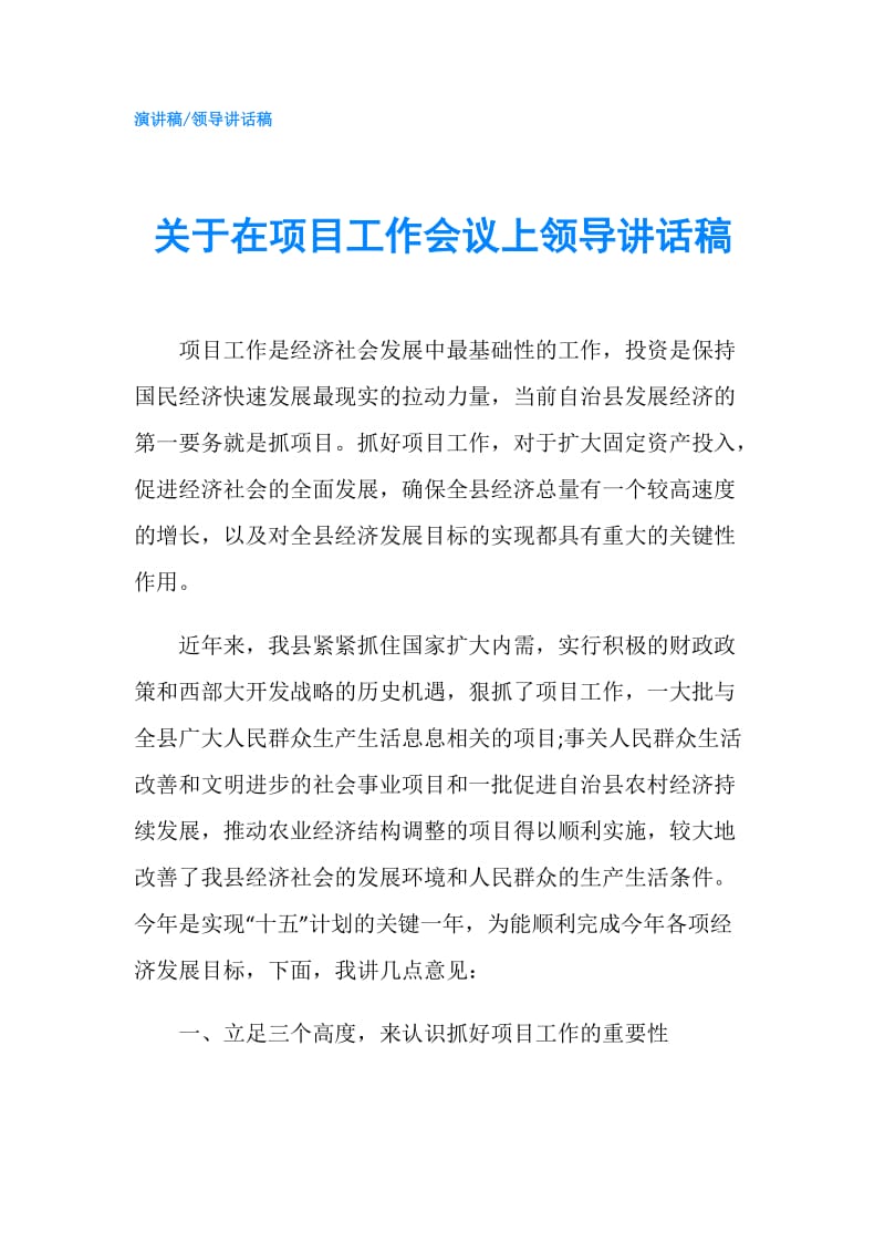 关于在项目工作会议上领导讲话稿.doc_第1页