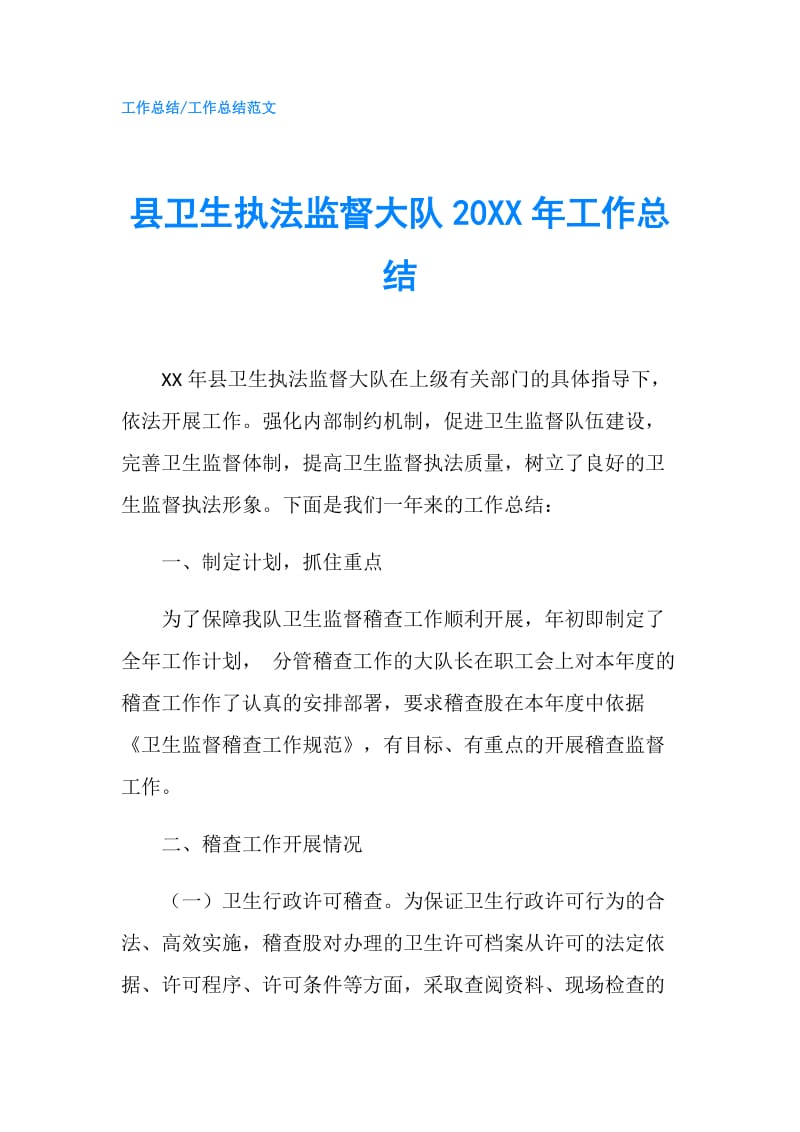 县卫生执法监督大队20XX年工作总结.doc_第1页