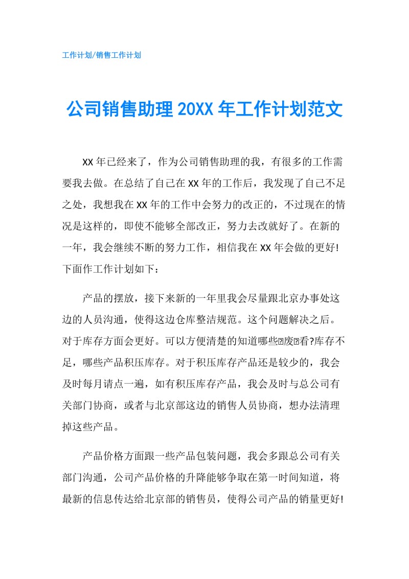 公司销售助理20XX年工作计划范文.doc_第1页