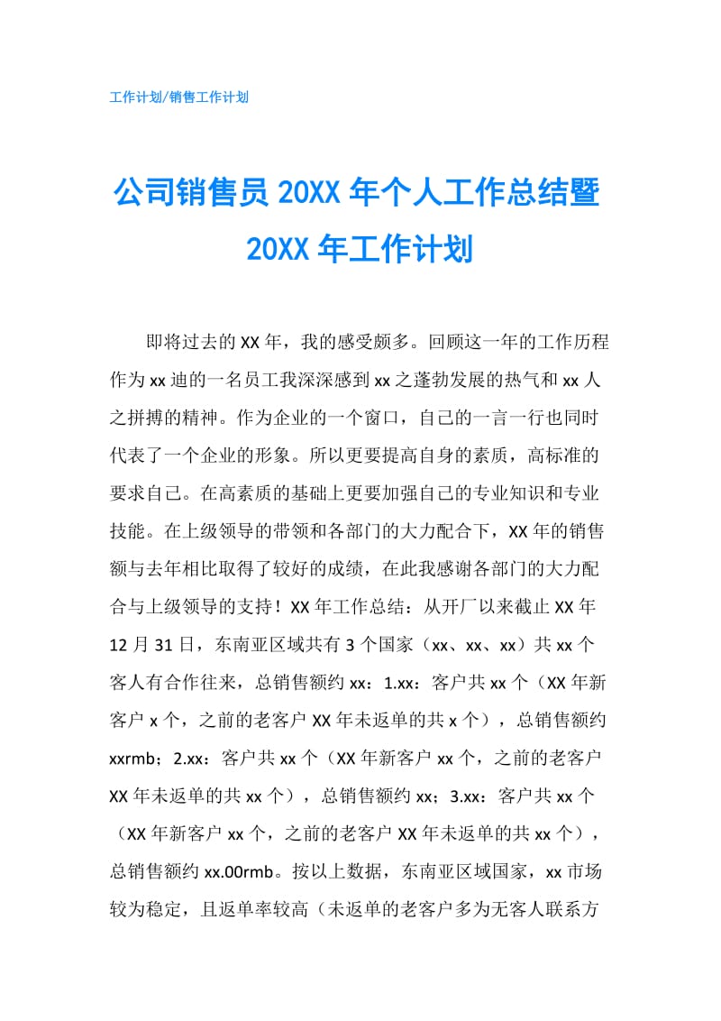 公司销售员20XX年个人工作总结暨20XX年工作计划.doc_第1页