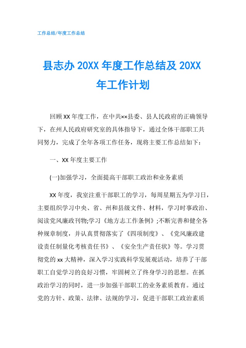 县志办20XX年度工作总结及20XX年工作计划.doc_第1页