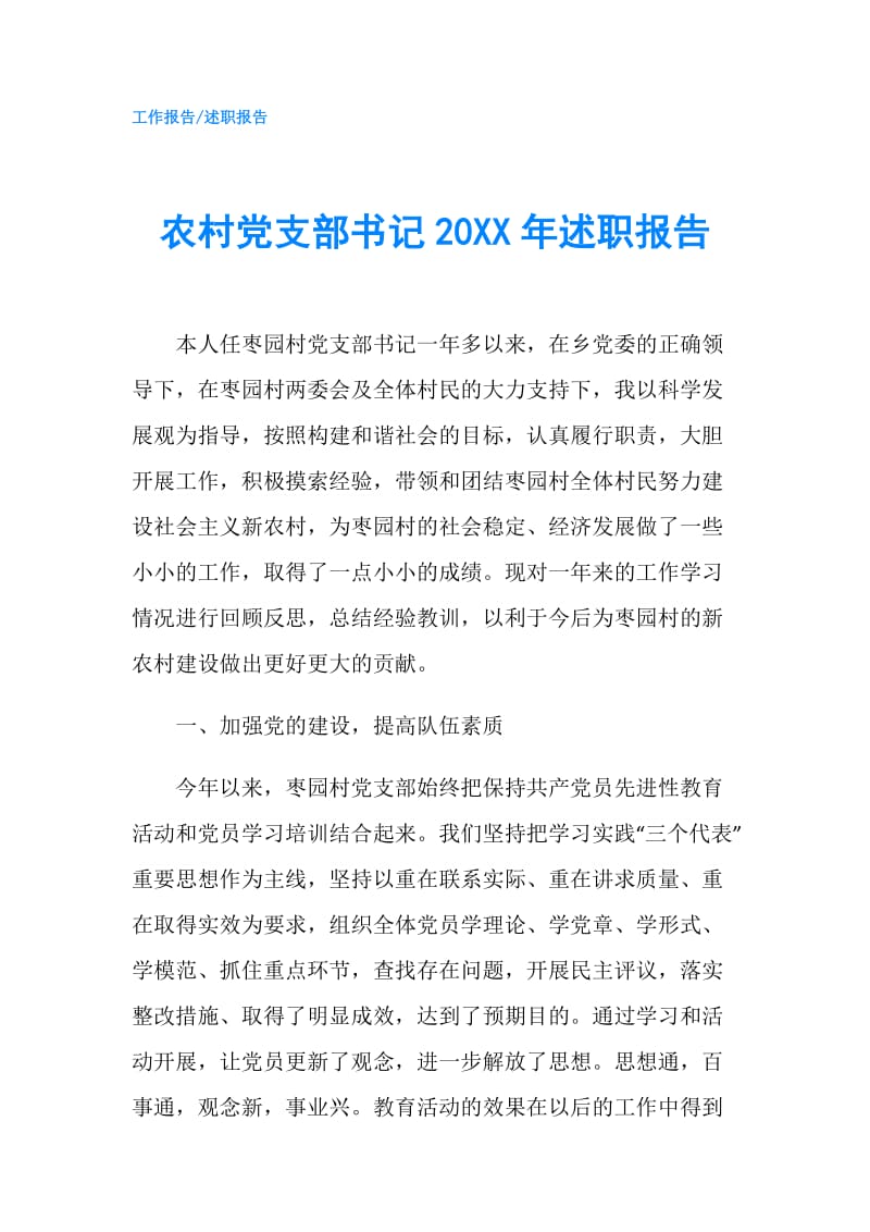 农村党支部书记20XX年述职报告.doc_第1页